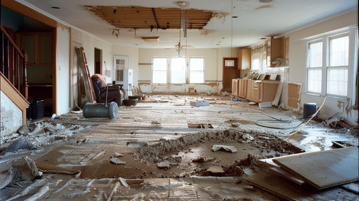 Professional water damage restoration and cleanup in progress